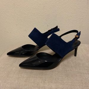 Tory Burch Ashton Navy Patent and Suede Pumps